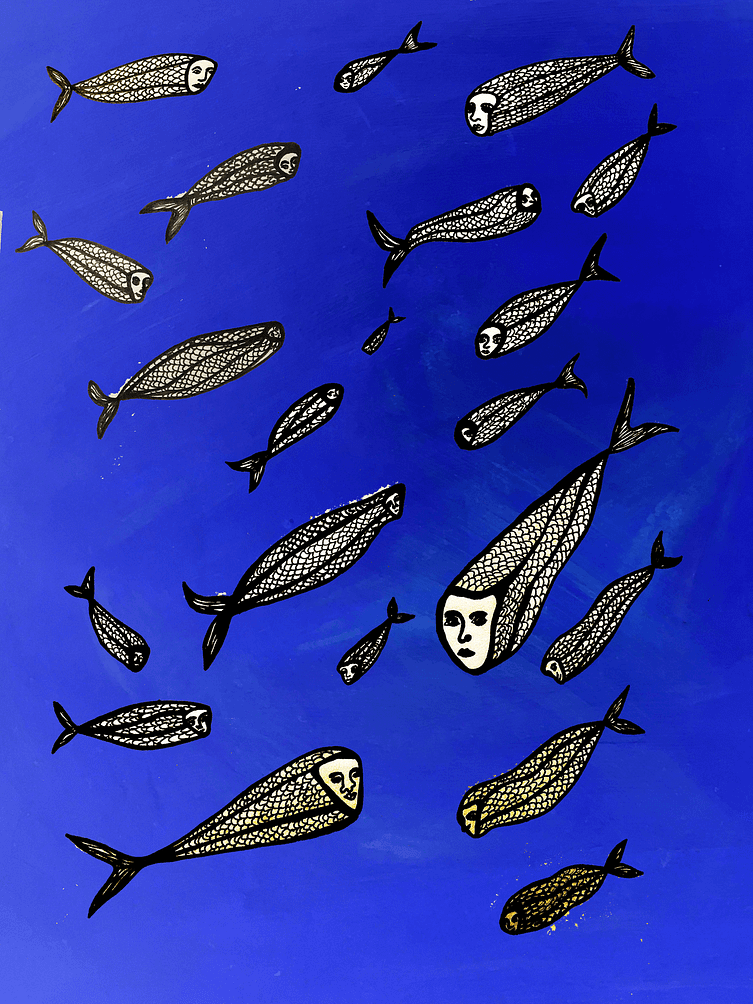 Drawing of fish with human faces